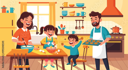 Happy family baking together in a cozy kitchen.