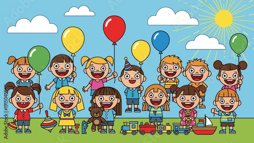 Happy diverse group of children playing with toys and balloons.