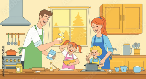 Happy family baking together in the kitchen.