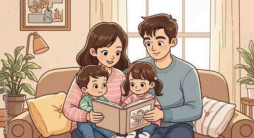 Happy family of four reading a storybook together on a cozy couch.