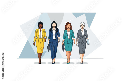 Diverse group of business women walking together in professional attire and holding documents