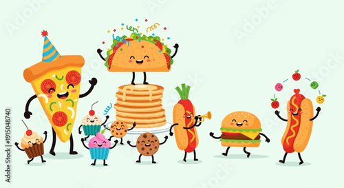 Happy Fast Food Characters Celebrating Together.