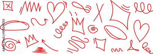 Collection of red hand drawn doodles and symbols on white background