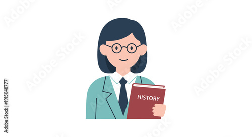 Smiling Female Teacher Holding History Book in Classroom