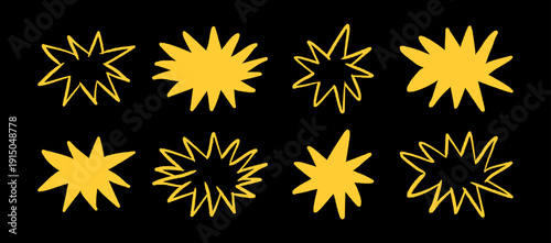 Hand drawn yellow starburst shapes and abstract sun elements on black background in bold crayon style. Expressive vector burst icons with rough textured edges and playful sketch look. Perfect graphic