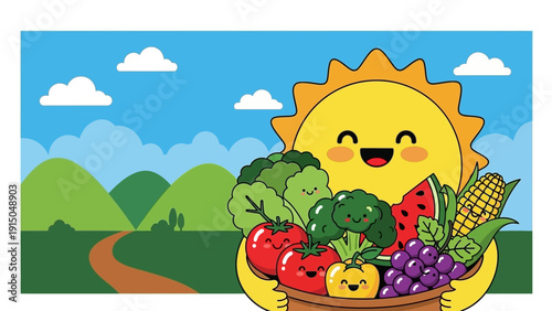 Happy sun character holding a basket of fresh fruits and vegetables.