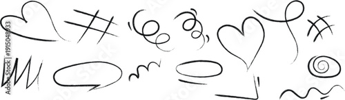 Hand drawn doodles and symbols on a white background