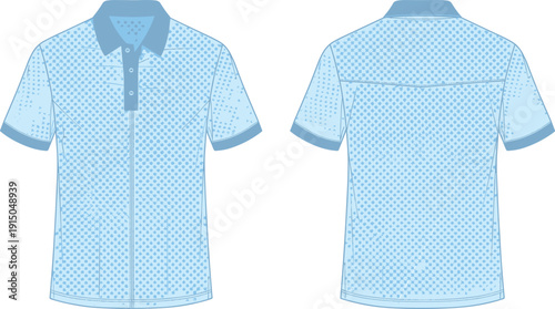 Men short sleeve polo shirt technical illustration, front and back view, blue patterned fabric apparel design isolated on white background