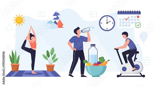 Healthy lifestyle activities with yoga, hydration, and cycling.