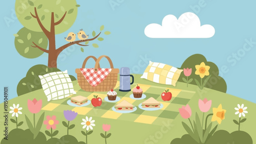Idyllic Spring Picnic Scene with Basket and Food.