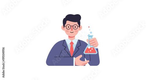 Scientist in Laboratory Holding Laboratory Flask with Bright Liquid