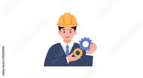 Engineer Man Holding Gears in Safety Helmet and Suit