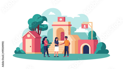 Illustration of people interacting in front of a school building.