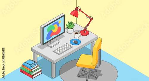 Isometric illustration of a modern home office workspace with computer and desk chair.