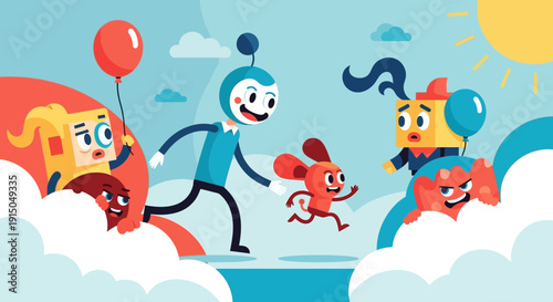 Joyful cartoon characters playing together in a vibrant, whimsical setting.