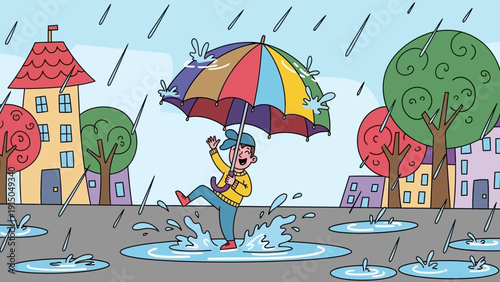 Joyful child splashing in a puddle with a colorful umbrella.