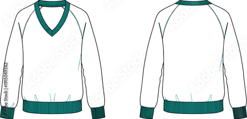 Men V neck sweater technical illustration, front and back view, long sleeve knit pullover fashion apparel design isolated on white background
