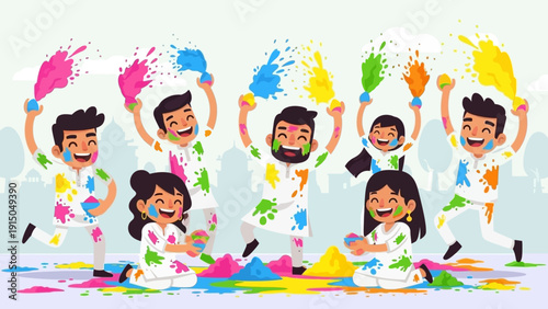 Joyful group of friends celebrating Holi festival with colorful powder.