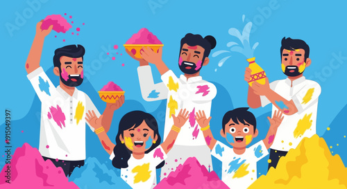 Joyful Family Celebrating Holi Festival with Vibrant Colors and Water.