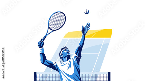 Male tennis player serving during a match on the court.