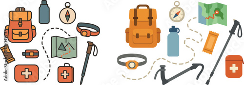A collection of essential hiking equipment is organized for an outdoor weekend trip. Items include a backpack, map, compass, water bottle, and first aid kit, ready for exploration.