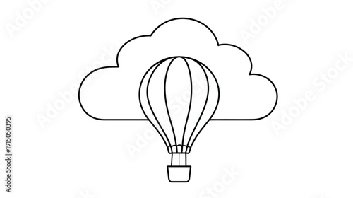 A black and white line drawing of a hot air balloon partially hidden behind a cloud