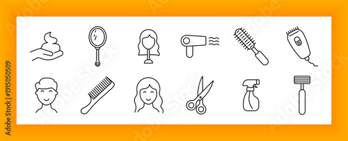 Haircare set icon. Lotion, mirror, mannequin, dryer, brush, clipper, comb, faces, scissors, spray bottle, and razor tools related to hairstyling, grooming, and salon activities.