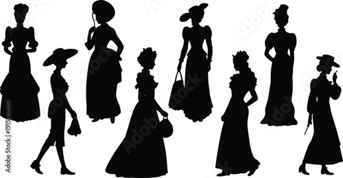 Silhouettes of Women in Historical Dresses and Hats Standing and Walking