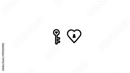Black line art of a key and a heart with a keyhole on a white background