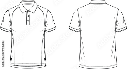 Short sleeve polo shirt technical fashion flat sketch front and back view sportswear casual apparel illustration vector outline