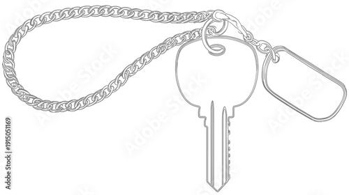 Outlined graphic of a key attached to a chain and a blank rectangular tag on white background