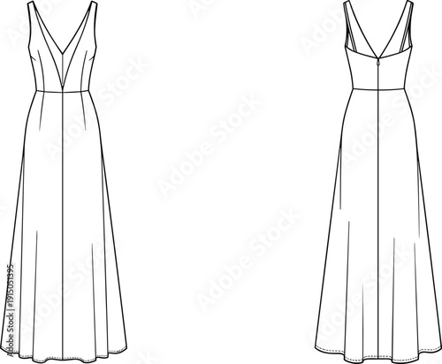 Sleeveless maxi dress technical fashion illustration, front and back view, women long dress flat sketch, V neck bodice detail, vector line drawing