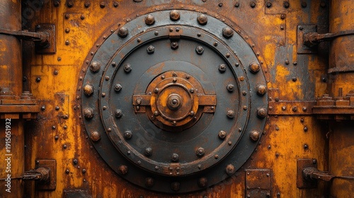 Rusted industrial metal background with central circular mechanism and bolts