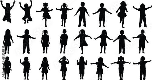 Mega collection of black silhouettes featuring standing jumping and playing children pointing women sitting people and various tree species isolated on a plain white background
