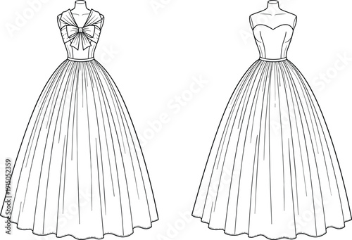 Vintage inspired ball gown technical fashion illustration, front and back view, women evening dress flat sketch, bow bodice detail, vector line drawing