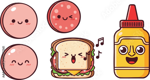  Kawaii Deli Lunch Vector Set - Cute Singing Sandwich, Mustard Bottle, and Salami Emoji Icons