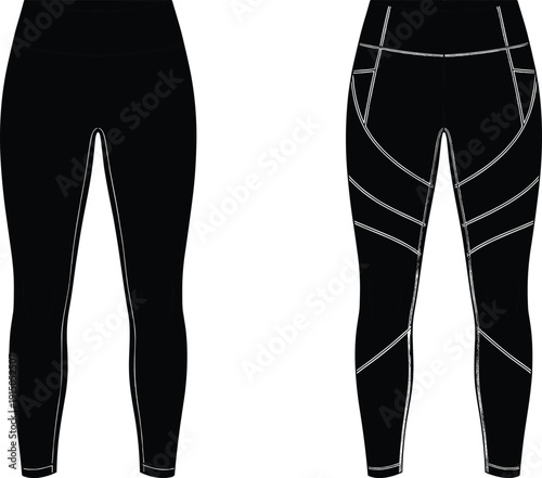 Women activewear leggings technical fashion illustration, front and back view, sports pants flat sketch, seam panel detail, vector line drawing