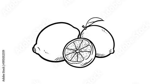 A black and white illustration of three citrus fruits, including a halved one