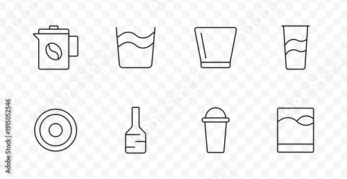 Beverage drink set icon. Coffee pot, water glass, short glass, tall cup, plate, bottle, takeaway cup, filled glass drawn in outlined style with transparent background