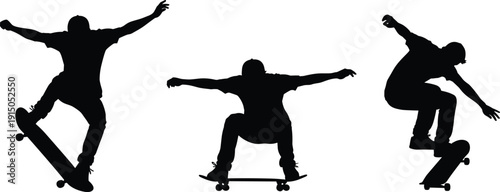 Set, of, black, skateboarder, silhouettes, performing, tricks, and, jumps, on, skateboards, isolated, on, white, background, for, extreme, sports, graphic, design, and, street, culture, illustrations