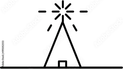 A black and white icon. A teepee shape, with rays emanating from the top
