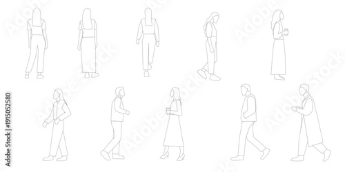 a set of people walking and standing on white background.
