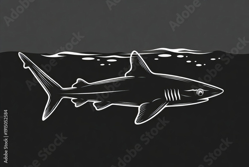 Detailed illustration of a great shark swimming in the ocean showing its features.