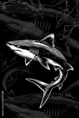 Detailed illustration of a great shark swimming in the ocean showing its features.