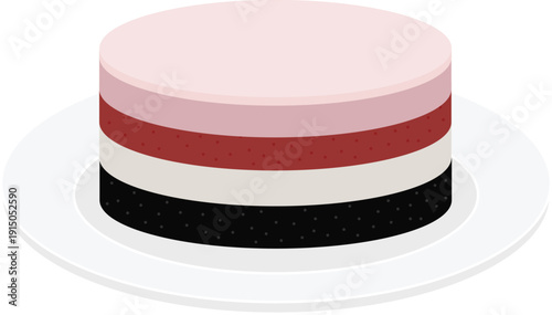 Vector illustration of a layered strawberry and chocolate cookie cake on a plate, featuring pink cream topping, red strawberry filling, vanilla layer, and dark chocolate cookie base.