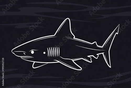 Detailed illustration of a great shark swimming in the ocean showing its features.