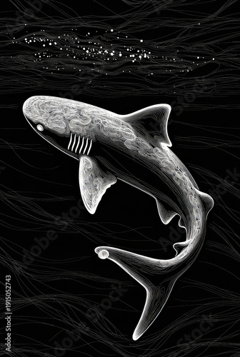 Detailed illustration of a great shark swimming in the ocean showing its features.