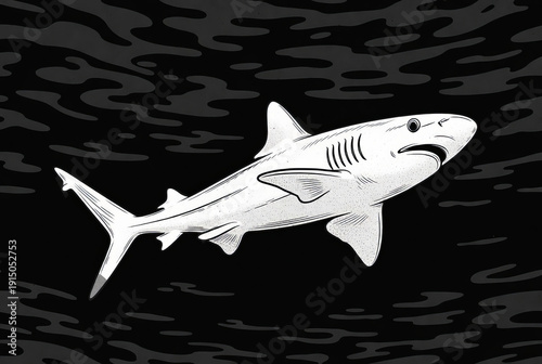 Detailed illustration of a great shark swimming in the ocean showing its features.