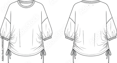 Women drawstring top technical illustration, front and back view, long sleeve casual blouse fashion apparel line drawing isolated on white background