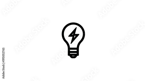 A simple black and white image of a light bulb with a lightning bolt inside on a white background